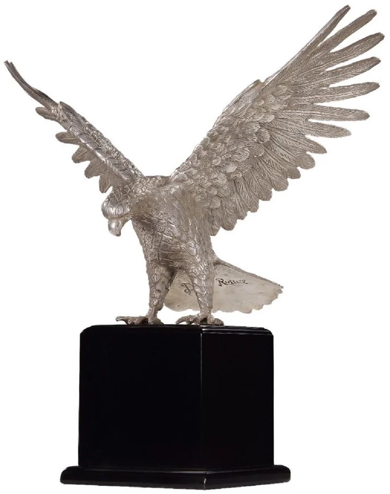 Casa Padrino Luxus Bronzefigur Adler Silber / Schwarz 40 x 20 x H. 37 cm - Versilberte Bronze Skulptur mit Sockel - Schreibtisch Deko - Wohnzimmer Deko - Luxus Qualität