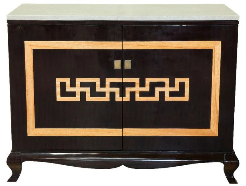 Casa Padrino Luxus Barock Likörschrank Schwarz / Naturfarben / Creme 110 x 55 x H. 87 cm - Massivholz Barschrank - Schnapsschrank mit Marmorplatte - Bar Möbel im Barockstil
