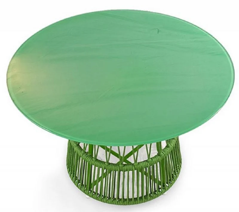 Casa Padrino Luxus Gartentisch Grün Ø 110 x H. 75 cm - Handgewebter wetterbeständiger Esstisch mit Glasplatte - Garten & Terrassen Möbel
