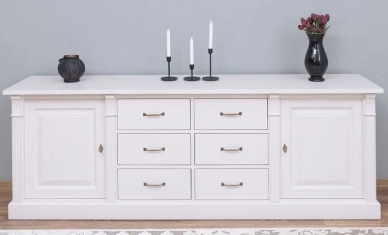 Casa Padrino Landhausstil Sideboard Weiß 219 x 51 x H. 78 cm - Massivholz Schrank mit 2 Türen und 6 Schubladen - Landhausstil Massivholz Möbel