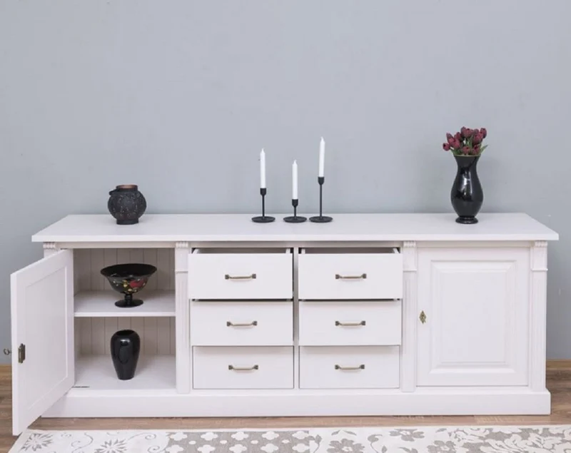Casa Padrino Landhausstil Sideboard Weiß 219 x 51 x H. 78 cm - Massivholz Schrank mit 2 Türen und 6 Schubladen - Landhausstil Massivholz Möbel