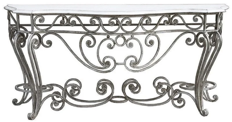 Casa Padrino Luxus Jugendstil Konsole Silber / Weiß 187 x 55 x H. 88 cm - Handgefertigter Schmiedeeisen Konsolentisch mit Massivholz Tischplatte - Wohnzimmer Garten Terrassen Möbel