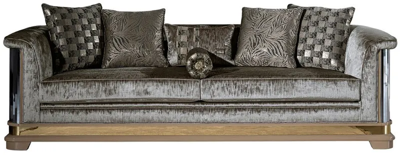 Casa Padrino Luxus Art Deco Sofa Silber / Schwarz / Beige / Gold 249 x 93 x H. 72 cm - Wohnzimmer Sofa mit dekorativen Kissen - Art Deco Wohnzimmer Möbel