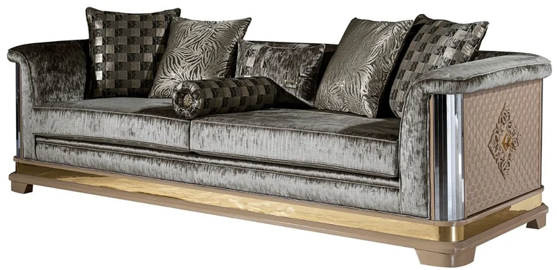 Casa Padrino Luxus Art Deco Sofa Silber / Schwarz / Beige / Gold 249 x 93 x H. 72 cm - Wohnzimmer Sofa mit dekorativen Kissen - Art Deco Wohnzimmer Möbel