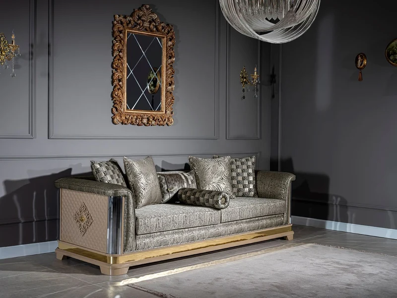 Casa Padrino Luxus Art Deco Sofa Silber / Schwarz / Beige / Gold 249 x 93 x H. 72 cm - Wohnzimmer Sofa mit dekorativen Kissen - Art Deco Wohnzimmer Möbel