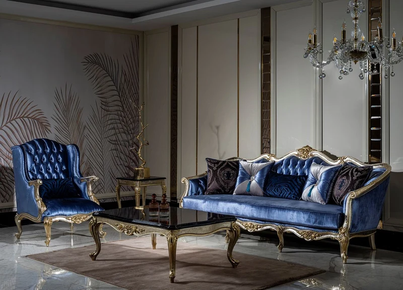 Casa Padrino Luxus Barock Ohrensessel Blau / Silber / Gold - Handgefertigter Wohnzimmer Sessel mit dekorativem Kissen - Barock Wohnzimmer Möbel