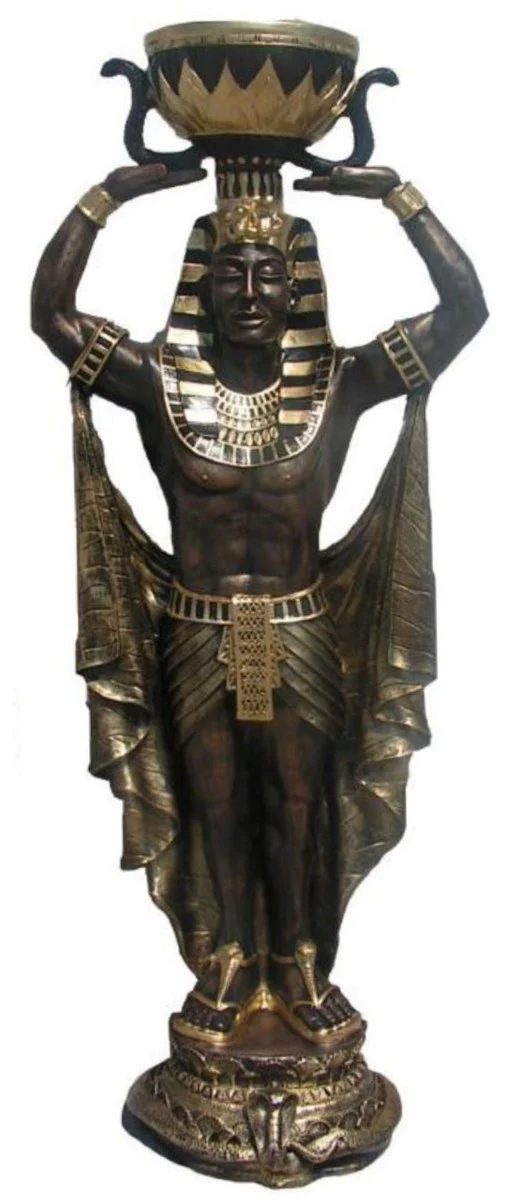 Casa Padrino Deko Skulptur Ägypter mit Blumentopf Bronze / Schwarz / Gold H. 130 cm - Wetterbeständige Ägyptische Dekofigur - Wohnzimmer Garten Terrassen Skulptur