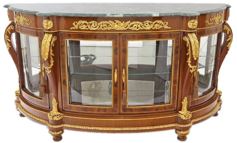 Casa Padrino Barock Massivholz Sideboard mit 4 Glastüren und Marmorplatte Braun / Gold / Grün 175 x 50 x H. 95 cm - Vitrine - Schrank - Prunkvolle Barock Möbel