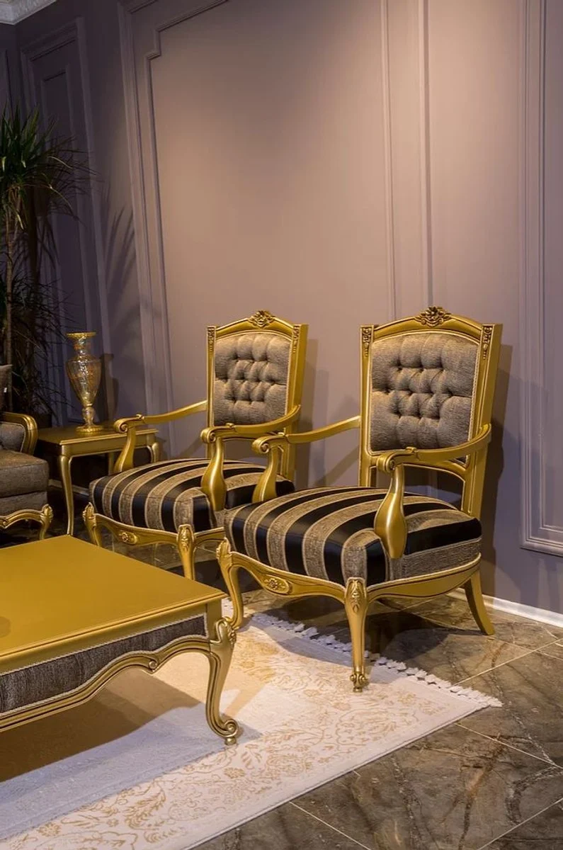 Casa Padrino Luxus Barock Sessel Grau / Schwarz / Gold 73 x 73 x H. 110 cm - Edler Massivholz Wohnzimmer Sessel im Barockstil - Barock Wohnzimmer Möbel