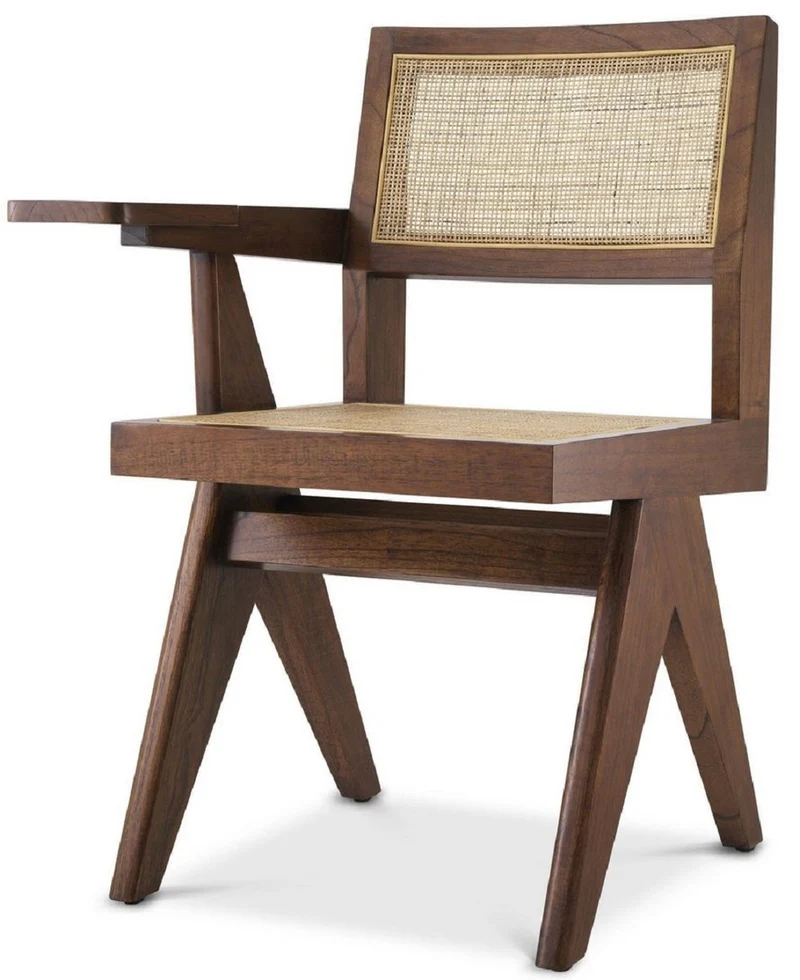 Casa Padrino Luxus Bürostuhl Braun / Naturfarben 44 x 54 x H. 85,5 cm - Massivholz Stuhl mit Rattangeflecht und Ablagefläche - Luxus Büro Möbel
