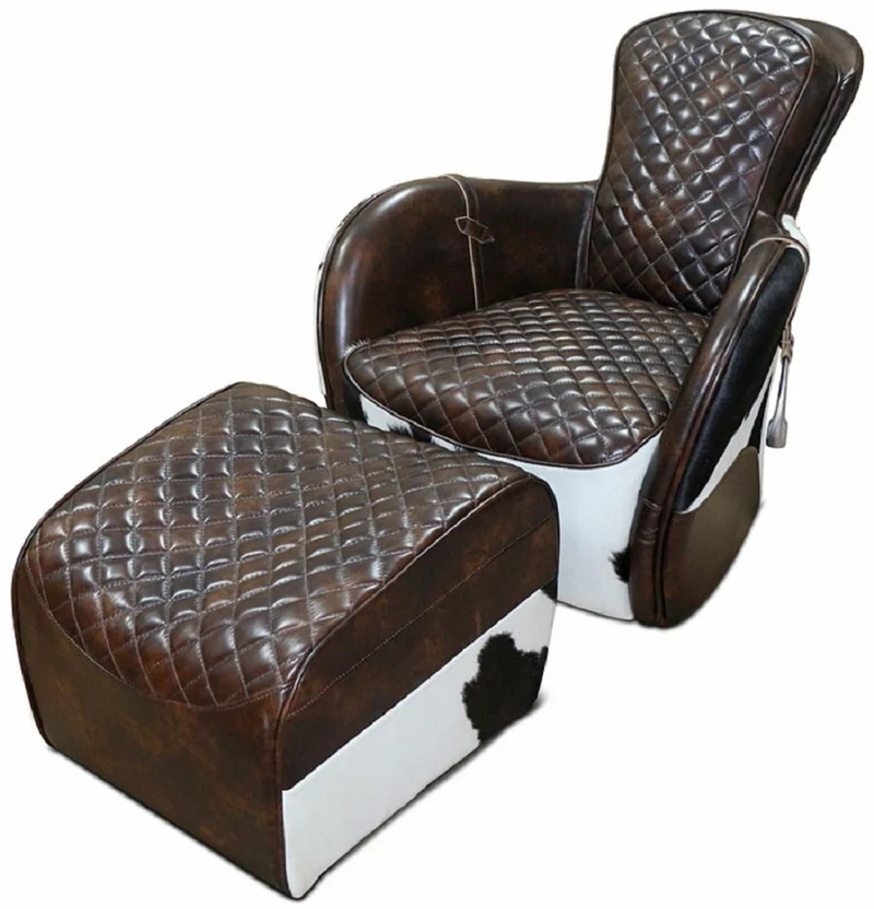 Casa Padrino Echtleder Wohnzimmer Sessel mit Fußhocker Dunkelbraun / Weiß / Schwarz / Silber - Wohnzimmer Möbel - Echtleder Möbel