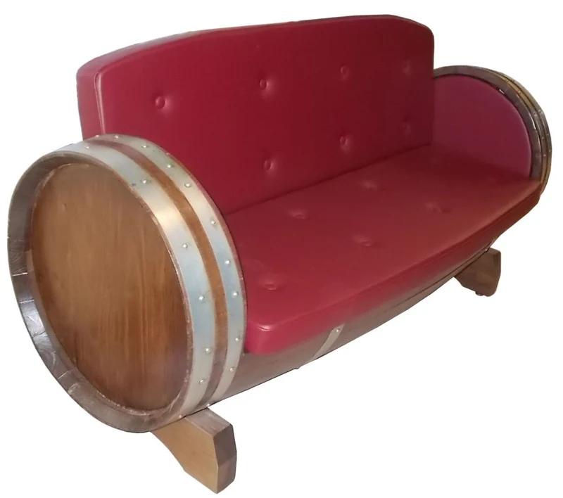 Casa Padrino Luxus Fass Sofa Rot / Braun / Silber 160 x 65 x H. 85 cm - Gepolstertes Massivholz Weinfass Sofa - Garten Terrassen Gastronomie Möbel