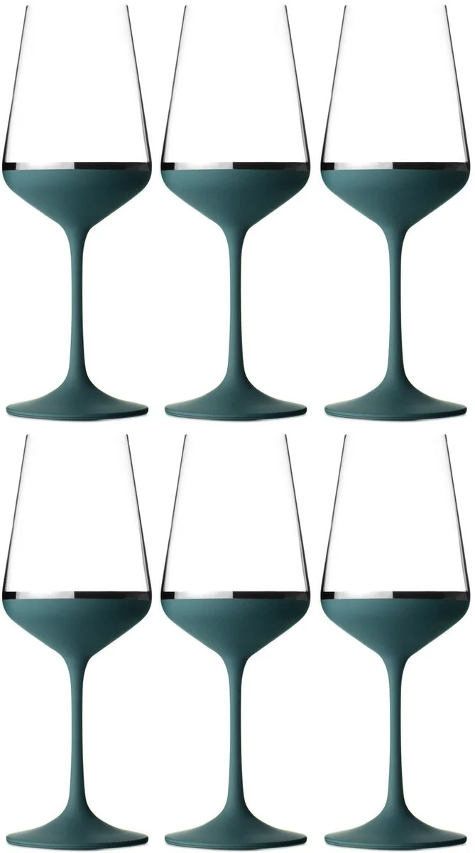 Casa Padrino Luxus Rotweinglas 6er Set Dunkelblau / Silber Ø 8,5 x H. 24 cm - Handgefertigte und handbemalte Weingläser - Hotel & Restaurant Accessoires - Luxus Qualität