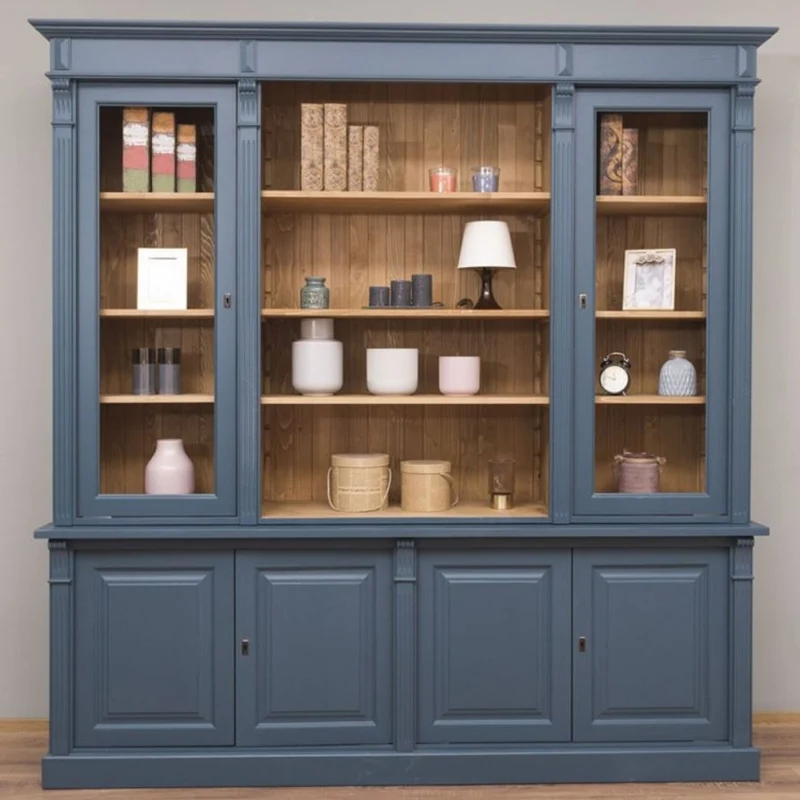 Casa Padrino Landhausstil Wohnzimmerschrank Blau / Naturfarben 223 x 51 x H. 228 cm - Massivholz Schrank - Bücherschrank - Regalschrank - Landhausstil Möbel