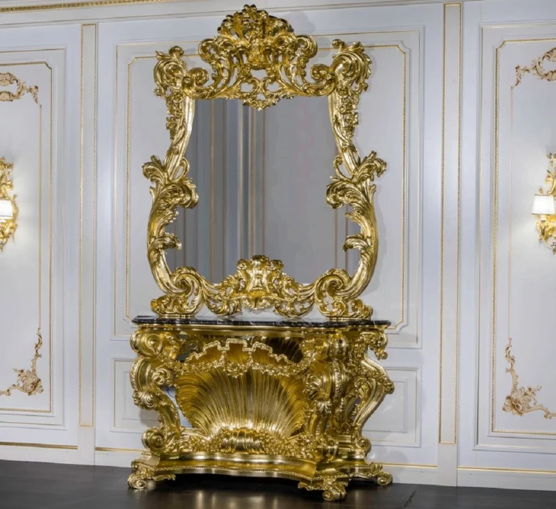 Casa Padrino Luxus Barock Möbel Set Konsole mit Spiegel Gold / Schwarz - Prunkvoller handgeschnitzter Konsolentisch mit Wandspiegel - Hotel Restaurant Schloss Möbel - Luxus Qualität - Made in Italy