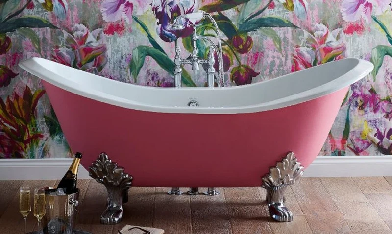 Casa Padrino Luxus Jugendstil Badewanne Rosa / Weiß / Silber 180 x 77 x H. 79 cm - Gebogene freistehende Gusseisen Badewanne - Barock & Jugendstil Badezimmer Möbel