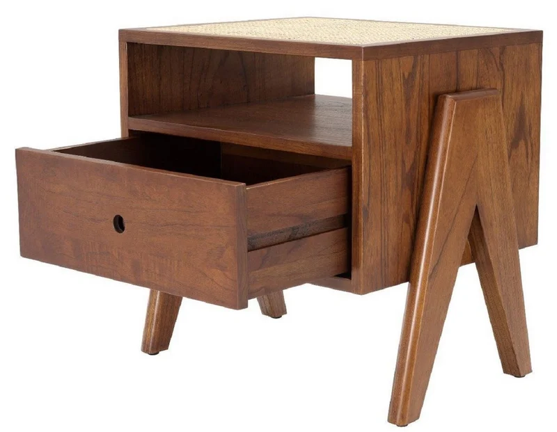 Casa Padrino Luxus Nachttisch Braun / Naturfarben 58 x 45 x H. 55,5 cm - Massivholz Beistelltisch mit Rattangeflecht - Luxus Schlafzimmer Möbel