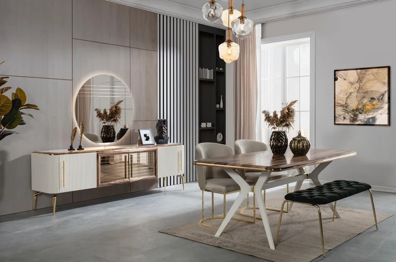 Casa Padrino Luxus Art Deco Sideboard Braun / Weiß / Gold 235 x 48 x H. 76 cm - Edler Schrank mit 4 Türen - Art Deco Möbel