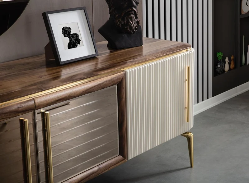 Casa Padrino Luxus Art Deco Sideboard Braun / Weiß / Gold 235 x 48 x H. 76 cm - Edler Schrank mit 4 Türen - Art Deco Möbel