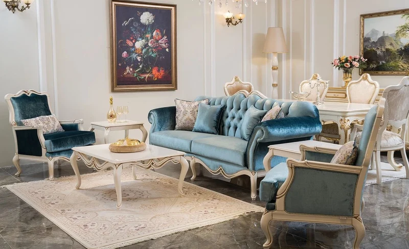 Casa Padrino Luxus Barock Sofa Blau / Weiß 225 x 87 x H. 101 cm - Wohnzimmer Sofa mit dekorativen Kissen - Wohnzimmer Möbel im Barockstil