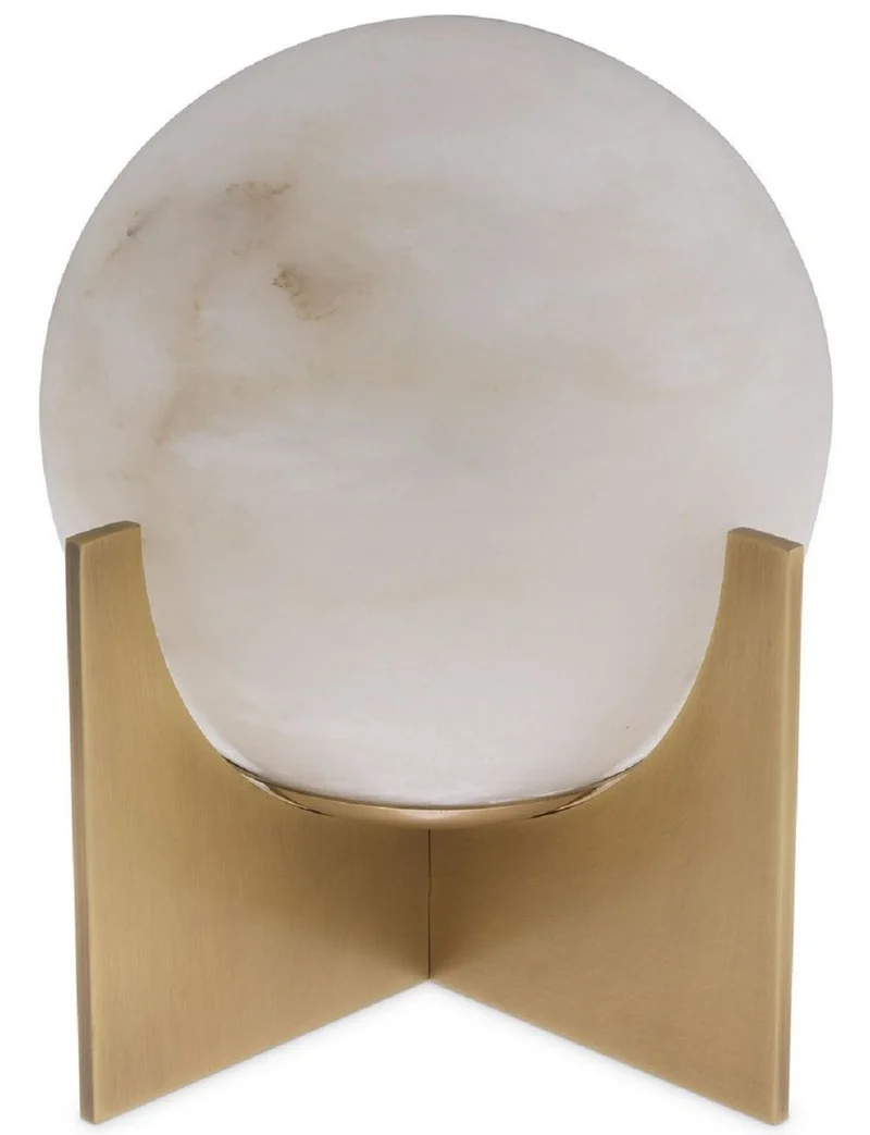 Casa Padrino Luxus Tischleuchte Antik Messing / Alabaster Ø 23 x H. 25 cm - Moderne Tischlampe mit rundem Alabaster Lampenschirm - Luxus Leuchten