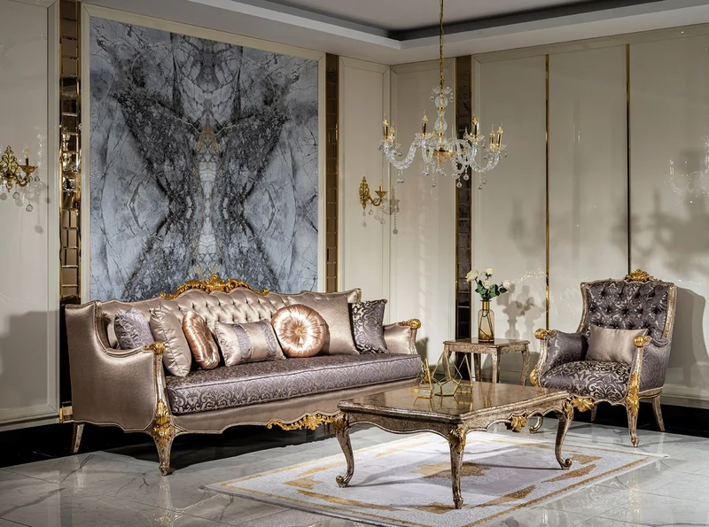 Casa Padrino Luxus Barock Wohnzimmer Set Silber / Lila / Antik Silber / Braun / Gold - 2 Sofas & 2 Sessel & 1 Couchtisch - Prunkvolle Wohnzimmer Möbel im Barockstil