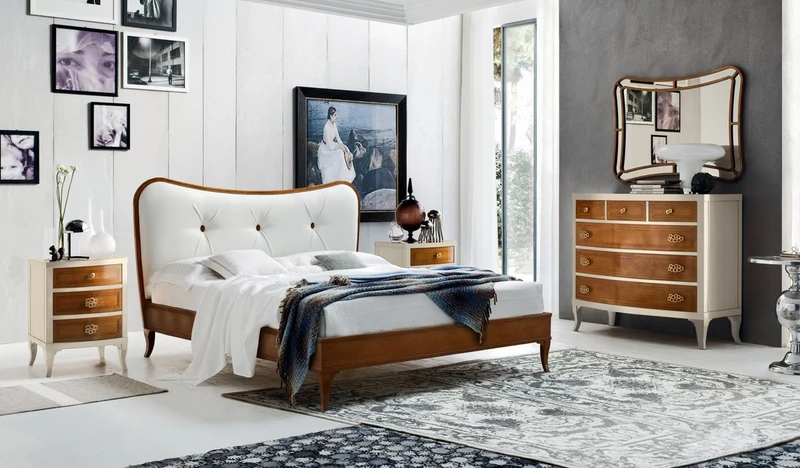 Casa Padrino Luxus Biedermeier Doppelbett Braun / Weiß 182 x 214 x H. 120 cm - Massivholz Bett mit Echtleder Kopfteil - Schlafzimmer Möbel - Luxus Qualität