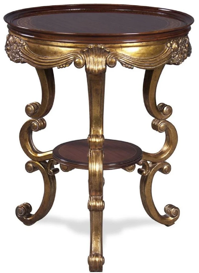 Casa Padrino Luxus Barock Beistelltisch Dunkelbraun / Gold Ø 58 x H. 70 cm - Runder Mahagoni Tisch im Barockstil - Barock Wohnzimmer Möbel