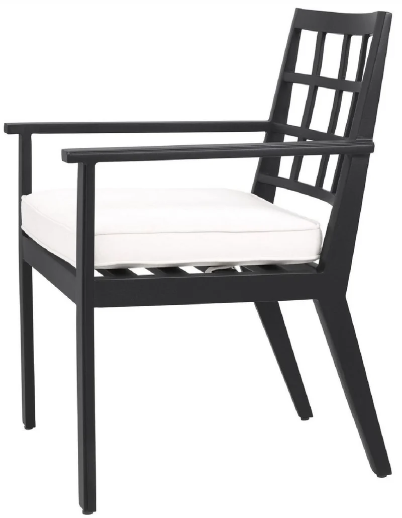 Casa Padrino Luxus Esszimmerstuhl mit Armlehnen Schwarz / Weiß 64,5 x 65 x H. 88,5 cm - Wetterbeständiger Aluminium Stuhl mit Sitzkissen - Garten Terrassen Stuhl - Luxus Qualität
