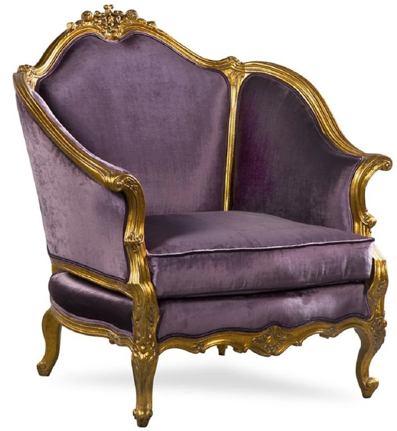 Casa Padrino Luxus Barock Sessel Lila / Antik Gold - Edler Handgefertigter Wohnzimmer Sessel im Barockstil - Barock Wohnzimmer Möbel - Edel & Prunkvoll