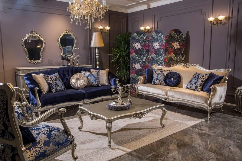 Casa Padrino Luxus Barock Wohnzimmer Sofa mit dekorativen Kissen Blau / Silber 212 x 80 x H. 98 cm - Prunkvolle Barock Möbel