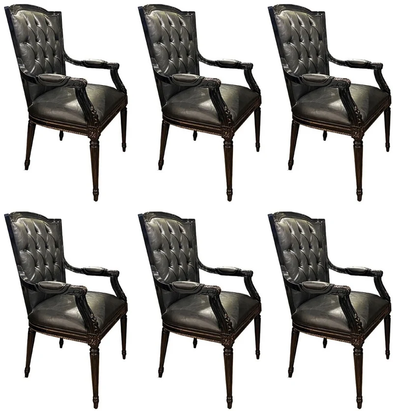 Casa Padrino Luxus Barock Esszimmerstuhl Set Schwarz - 6 Echtleder Küchen Stühle mit Armlehnen - Barock Esszimmer Möbel - Edel & Prunkvoll