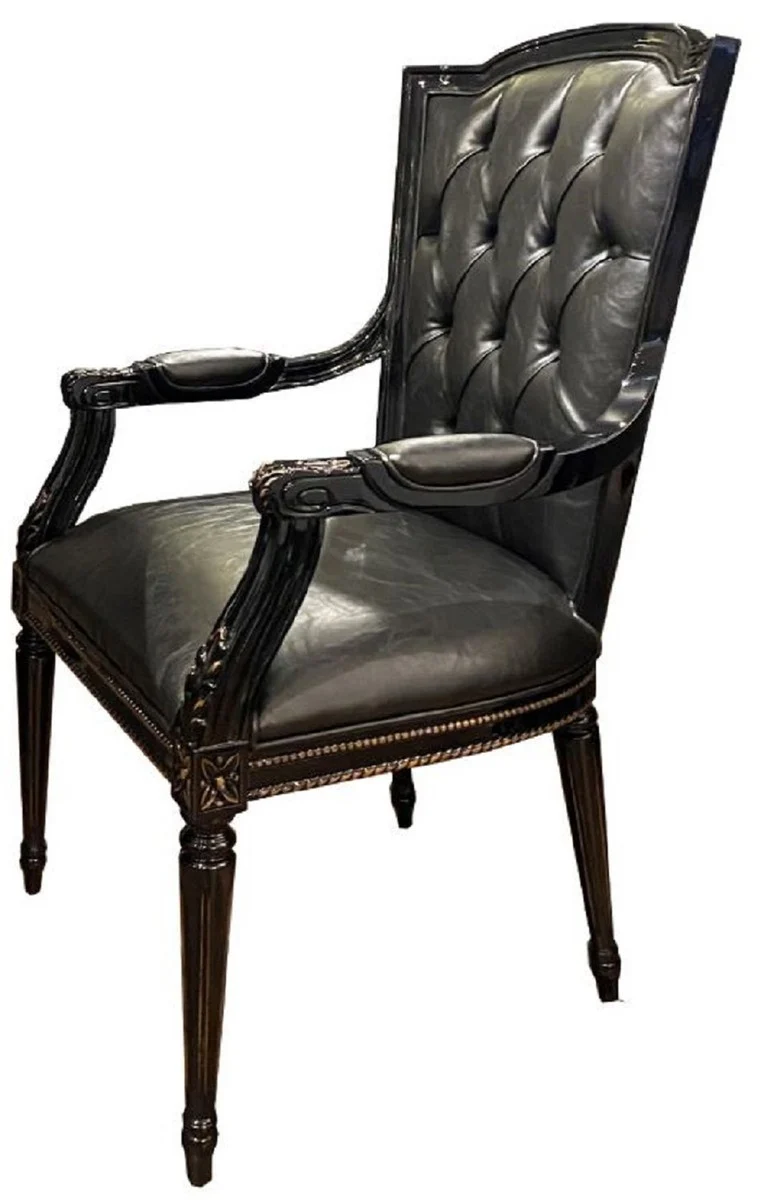 Casa Padrino Luxus Barock Esszimmerstuhl Set Schwarz - 6 Echtleder Küchen Stühle mit Armlehnen - Barock Esszimmer Möbel - Edel & Prunkvoll