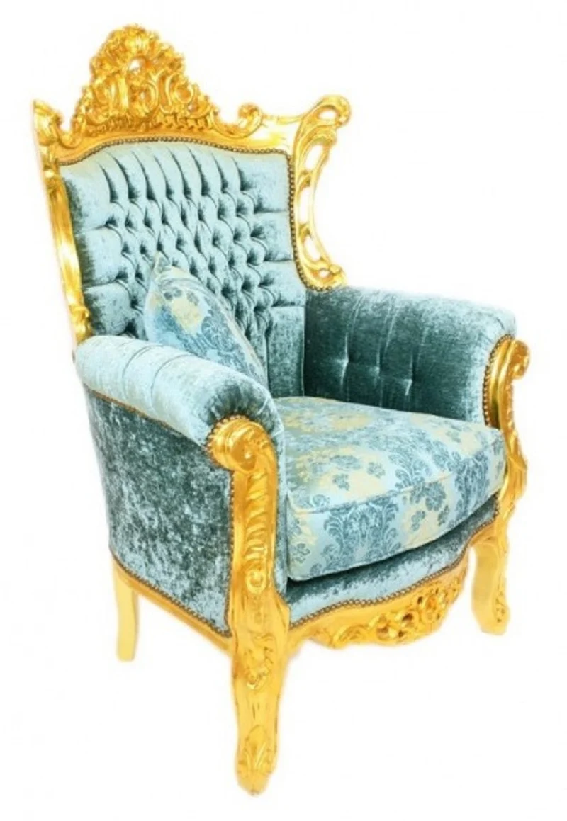 Casa Padrino Barock Sessel Türkis / Gold - Handgefertigter Massivholz Wohnzimmer Sessel mit Samtstoff - Antik Stil Sessel - Barock Möbel