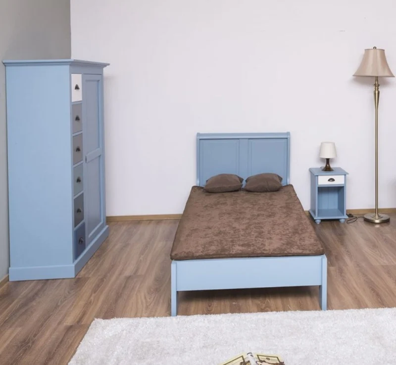 Casa Padrino Landhausstil Massivholz Kinderzimmer Möbel Set Hellblau / Weiß / Mehrfarbig - 1 Einzelbett & 1 Kleiderschrank & 1 Nachttisch - Landhausstil Möbel