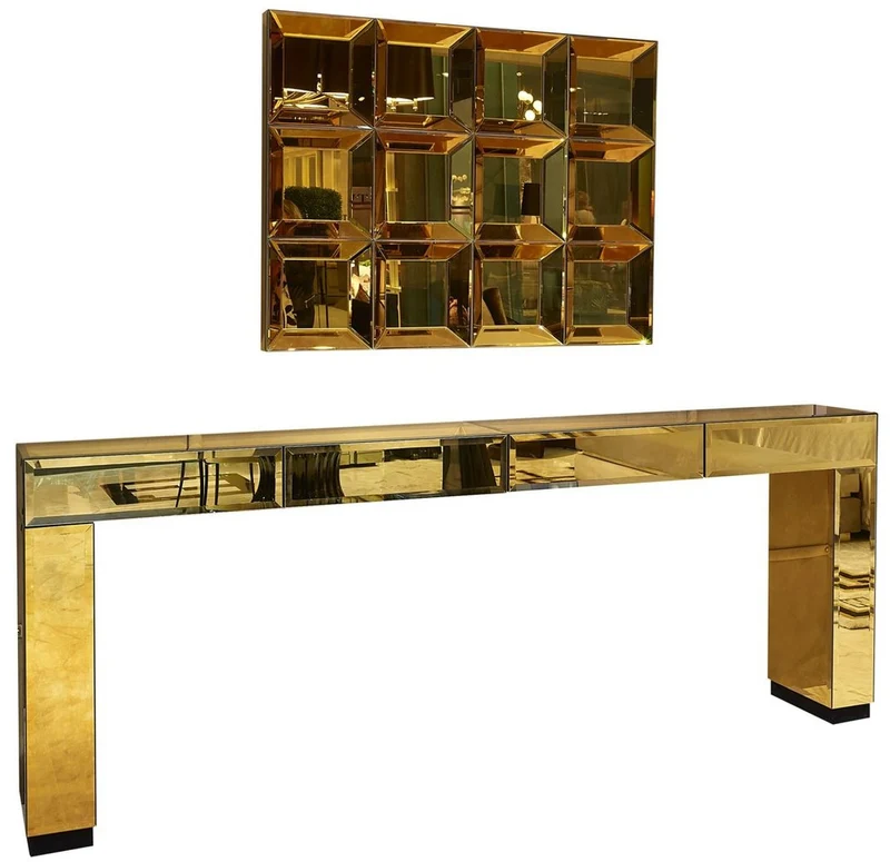 Casa Padrino Luxus Designer Möbel Set Gold - 1 verspiegelter Konsolentisch mit 4 Schubladen & 1 Wandspiegel - Hotel Möbel - Luxus Qualität - Made in Italy