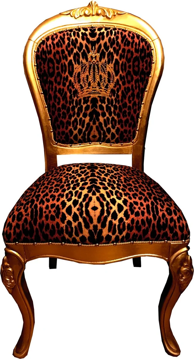 Pompöös by Casa Padrino Luxus Barock Esszimmerstühle Krone mit Glitzersteinen Leopard / Gold - Esszimmer Set - 6 Pompööse Barock Stühle designed by Harald Glööckler