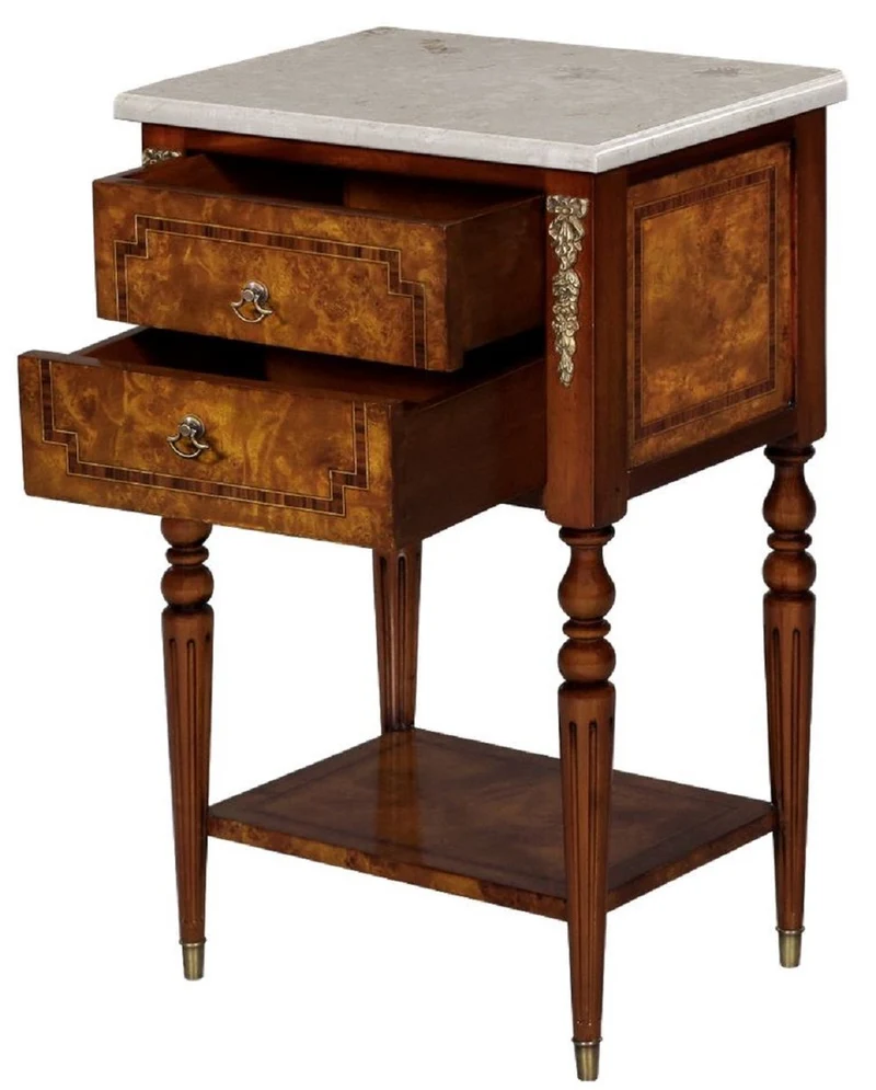 Casa Padrino Luxus Barock Beistelltisch Hellbraun / Braun / Cremefarben 42 x 31 x H. 68 cm - Massivholz Tisch mit Marmorplatte - Nachttisch - Nachtkommode - Barock Möbel