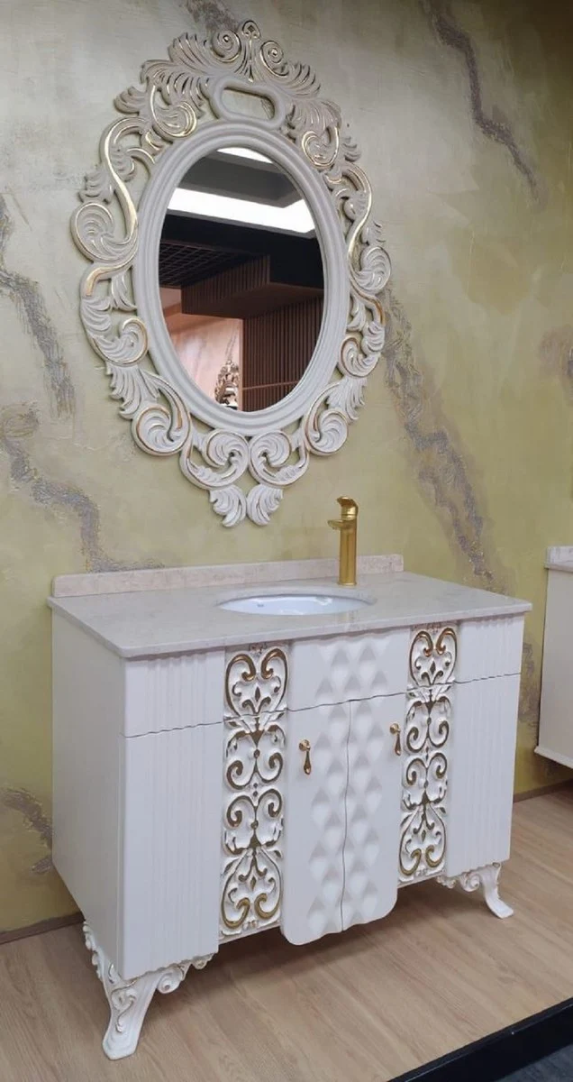 Casa Padrino Barock Badezimmer Set Weiß / Gold - 1 Waschtisch mit Marmorplatte und Keramik Waschbecken & 1 Wandspiegel - Prunkvolle Barock Badezimmer Möbel