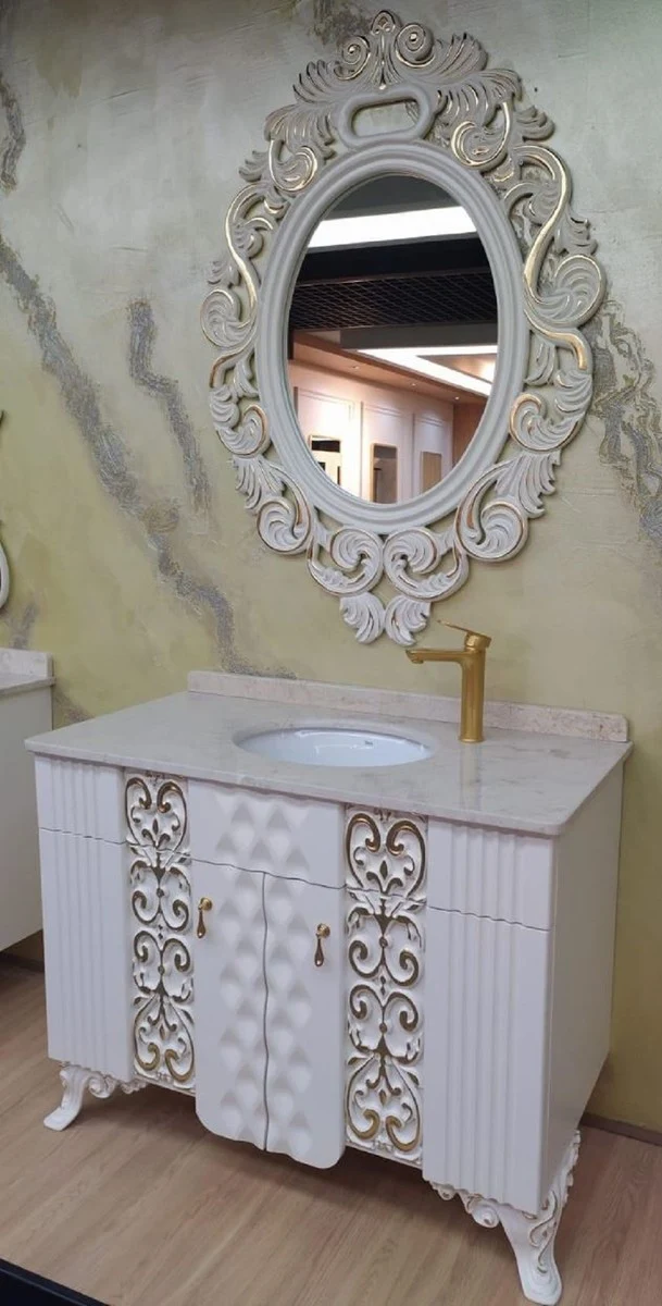 Casa Padrino Barock Badezimmer Set Weiß / Gold - 1 Waschtisch mit Marmorplatte und Keramik Waschbecken & 1 Wandspiegel - Prunkvolle Barock Badezimmer Möbel