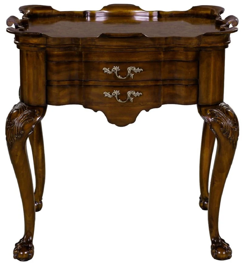 Casa Padrino Luxus Barock Beistelltisch mit 2 Schubladen und abnehmbarem Tablett Braun 82 x 62 x H. 80 cm - Eleganter Mahagoni Teetisch - Barock Wohnzimmer Möbel - Luxus Qualität