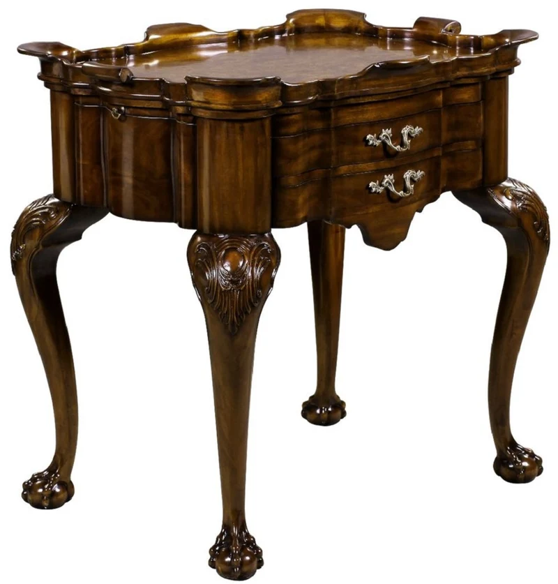 Casa Padrino Luxus Barock Beistelltisch mit 2 Schubladen und abnehmbarem Tablett Braun 82 x 62 x H. 80 cm - Eleganter Mahagoni Teetisch - Barock Wohnzimmer Möbel - Luxus Qualität