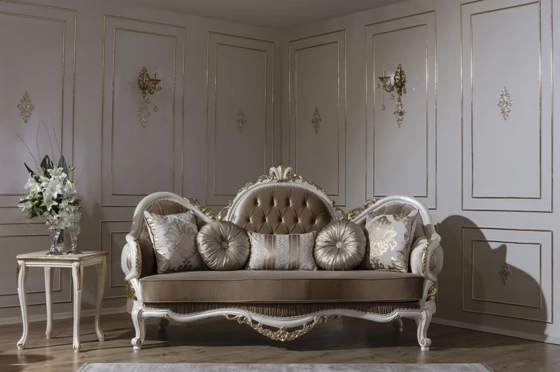 Casa Padrino Luxus Barock Sofa Braun / Weiß / Gold 220 x 80 x H. 124 cm - Prunkvolles Wohnzimmer Sofa mit dekorativen Kissen - Barock Möbel