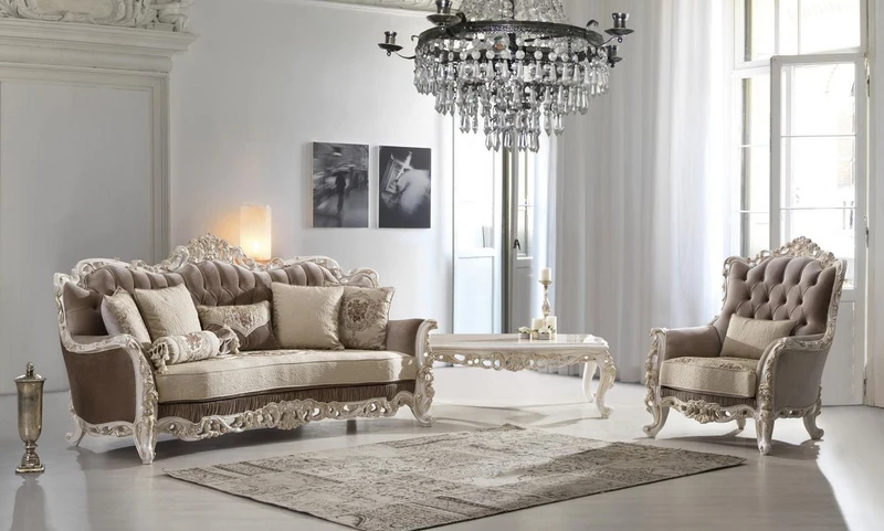 Casa Padrino Luxus Barock Wohnzimmer Sofa mit dekorativen Kissen Braun / Beige / Weiß / Gold 240 x 90 x H. 120 cm - Edle Barock Wohnzimmer Möbel