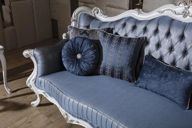 Casa Padrino Luxus Barock Wohnzimmer Sofa mit dekorativen Kissen Blau / Weiß / Silber 240 x 90 x H. 120 cm - Prunkvolle Barock Möbel