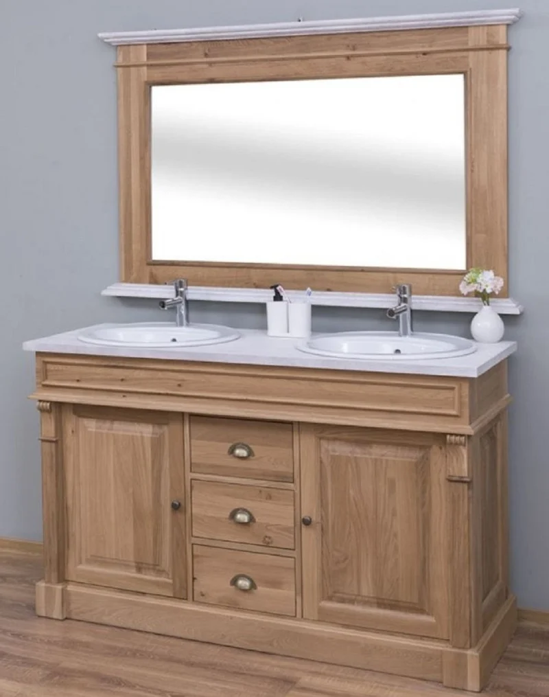 Casa Padrino Landhausstil Badezimmer Set Braun / Weiß - 1 Doppelwaschtisch & 2 Waschbecken & 2 Wasserhähne & 1 Wandspiegel - Massivholz Badezimmermöbel im Landhausstil