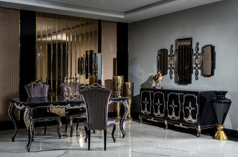 Casa Padrino Luxus Barock Möbel Set Schwarz / Gold - 1 Sideboard mit 4 Türen & 1 Spiegel - Handgefertigte Barock Möbel - Edel & Prunkvoll