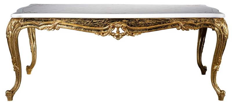 Casa Padrino Luxus Barock Esstisch Weiß / Gold 202 x 102 x H. 80 cm - Massivholz Küchentisch - Esszimmertisch - Prunkvolle Esszimmer Möbel im Barockstil