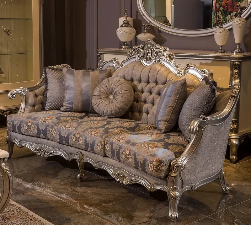 Casa Padrino Luxus Barock Sofa Grau / Blau / Silber 227 x 93 x H. 117 cm - Prunkvolles Wohnzimmer Sofa mit Blumenmuster und dekorativen Kissen - Barock Wohnzimmer Möbel