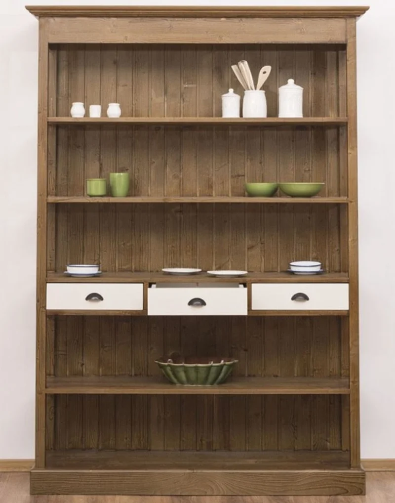 Casa Padrino Landhausstil Regalschrank Braun / Weiß 140 x 39 x H. 197 cm - Landhausstil Schrank mit 3 Schubladen - Massivholz Küchenschrank - Landhausstil Möbel